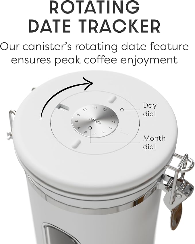 Veken Coffee Canister with Window, Airtight Stainless Steel Container, 22OZ | Date Tracker,Kitchen Food Storage Organizers for Beans, Ground, Espresso, Rice,Tea, Sugar,Cereal, Gifts,Lids,Jars,Scoop,White