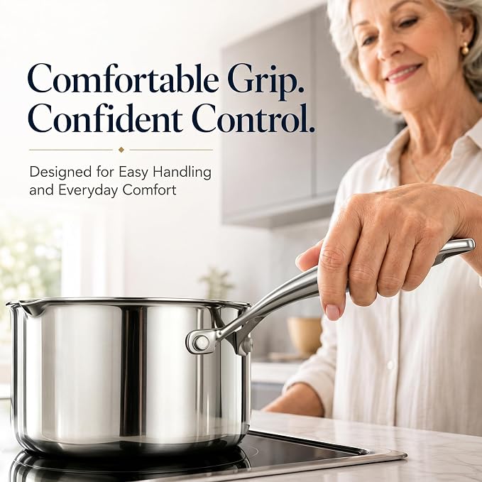 Cyrosa 2.0 Quart Saucepan with Lid, Stainless Steel Sauce Pot with Strainer Lid, Two Side Spouts for Easy Pour with Ergonomic Handle, Dishwasher Safe