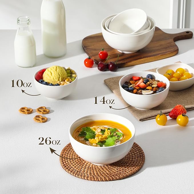 MALACASA 14 Oz Small Ceramic Bowls Set of 8, White Porcelain Bowl for Rice | Perfect for children, dessrt, Side dishes, rice, & ice cream; scratch-resistant, stackable, microwave, oven & dishwasher safe