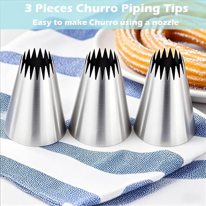 Hendiy 3 Pieces Stainless Steel 9FT Large Churro Piping Tip Set | Churro Maker Icing Tips, Pastry Tips for Cake Decorating, 20Pcs Disposable Piping Bags