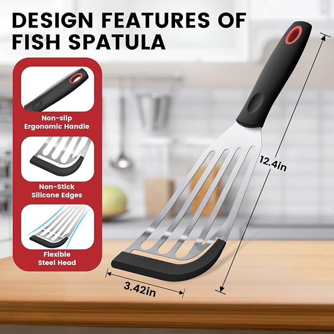 Silicone Fish Spatula, Heat Resistant Silicone Edge for Nonstick Cookware, Fish Turner for Kitchen Use, Flexible and Thin Stainless Steel Slotted Spatula,12.2 * 3.42 Inch, Black
