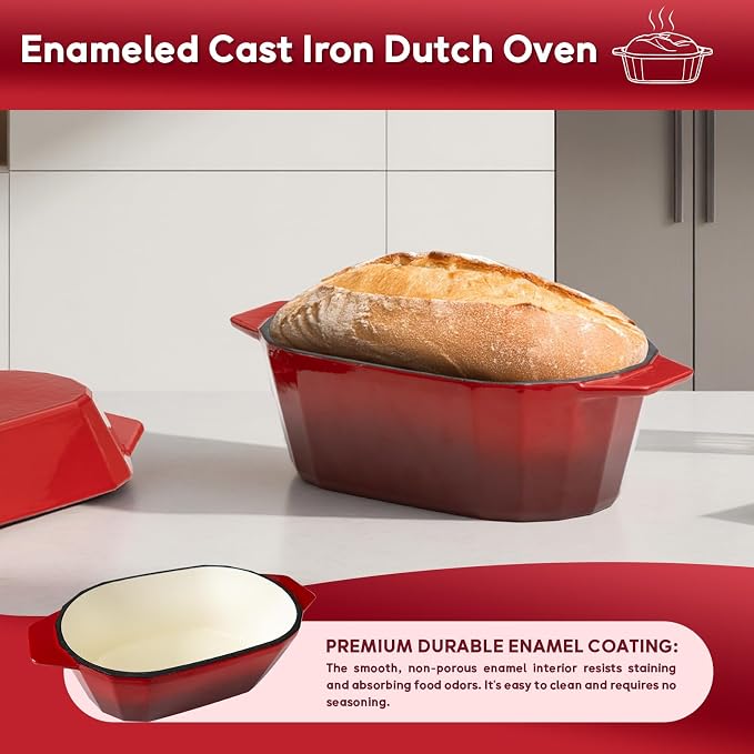 Enameled Cast Iron Sourdough Bread Oven – 3.3QT Dutch Oven for Baking with Lid, Non-Stick Oval Cast Iron Bread Oven for Sourdough-Loaf Cast Iron Bread Pan(Red)