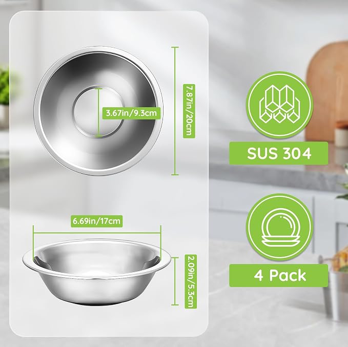 304(18/8) Stainless Steel Mixing Bowls for Kitchen, 4 Pack 7.8" 28.89 fl.oz Metal Mixing Bowls Set Stackable for Baking Serving Cooking Food Prep Storage Dishwasher Safe Lightweight