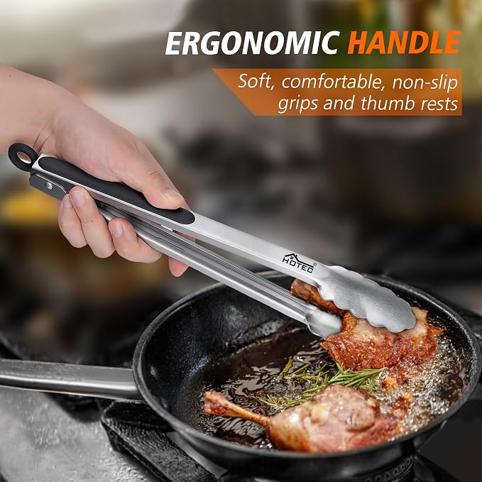 Hotec Stainless Steel Kitchen Tongs, Locking Metal Food Tongs for Cooking, Serving, BBQ, Grill & Air Fryer with Non-Slip Grip, Set of 3-7", 9" and 12"
