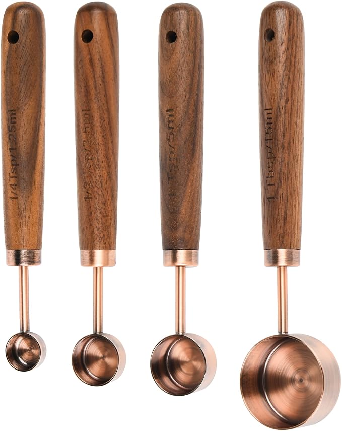 Copper Measuring Cups & Spoons Set 8, Stainless Steel Measuring Cups and Spoons Set for Baking and Kitchen, Metric & US Metal Measure Cup & Spoon with Wood Handle for Dry & Liquid