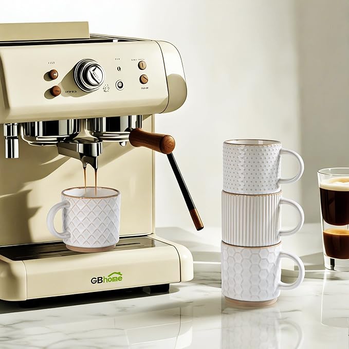 GBhome 6 OZ Stackable Coffee Mugs Set of 4, Ceramic Coffee Cups Set | 4 Assorted Designs, Embossed Mugs with Texture Patterns for Espresso/Tea, Dishwasher&Microwave Safe, Off White