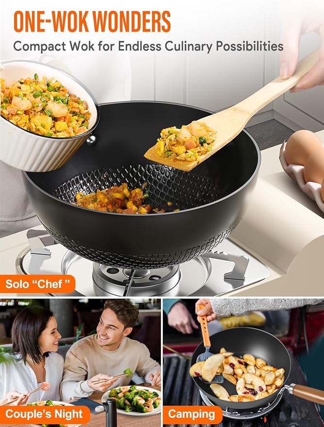 Carbon Steel Wok Pan, Flat Bottom Small Wok | Authentic Chinese Stir-Fry Pans Set with Glass Lid, 1.65lb Lightweight, Small Wok for 1-2 Servings. Wok with Lid