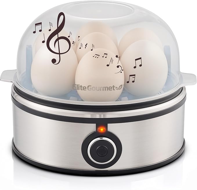 Elite Gourmet EGC855SS Easy Egg Cooker, 7-Egg, Steel | Cooks soft, medium, hard-boiled eggs, omelets, poached eggs - plays melody when done - auto shut-off - measuring cup included