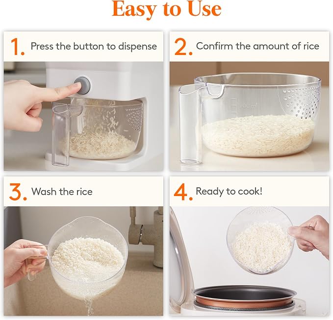 Lifewit Rice Dispenser 25 Lbs, Airtight Storage with Cup, 2 Pack White | BPA-Free 11.3kg Capacity Storage Container for Beans, Corn & Other Small Grains, One-Press Dispensing Bin for Kitchen Pantry