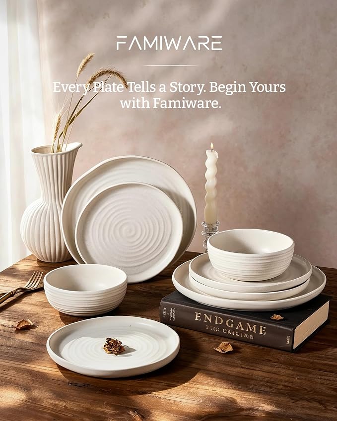 Famiware Pluto 12-Piece Stoneware Dinnerware Set, Matte Beige White | Double Reactive Glaze Plates and Bowls, Service for 4, Dishware Sets for Everyday & Formal Dining, Irregular Edge Dishes