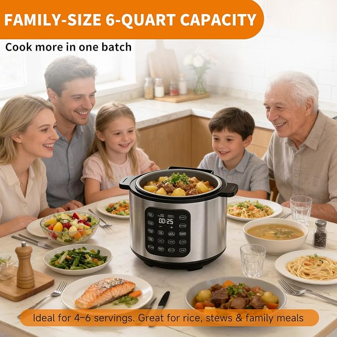 6Qt 9-in-1 Electric Pressure Cooker,Quick Meals, Time Saving, Healthy Non-Stick Pot, Rice/Slow/Steam/Sauté/Warmer, 24H Delay - Efficient Cooking Solution for Home, Meal Prep, Gift for Cooks, Silver