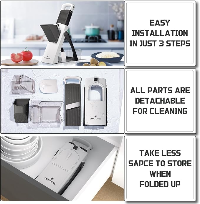 ONCE FOR ALL Safe Mandoline Slicer Plus, Bigger Size, Potato Slicer, Black | 0.1-8mm Adjustable Vegetable Food Chopper, Kitchen Mandoline Slicer Stainless Steel, Detachable Blade, Dishwasher-safe, Gift
