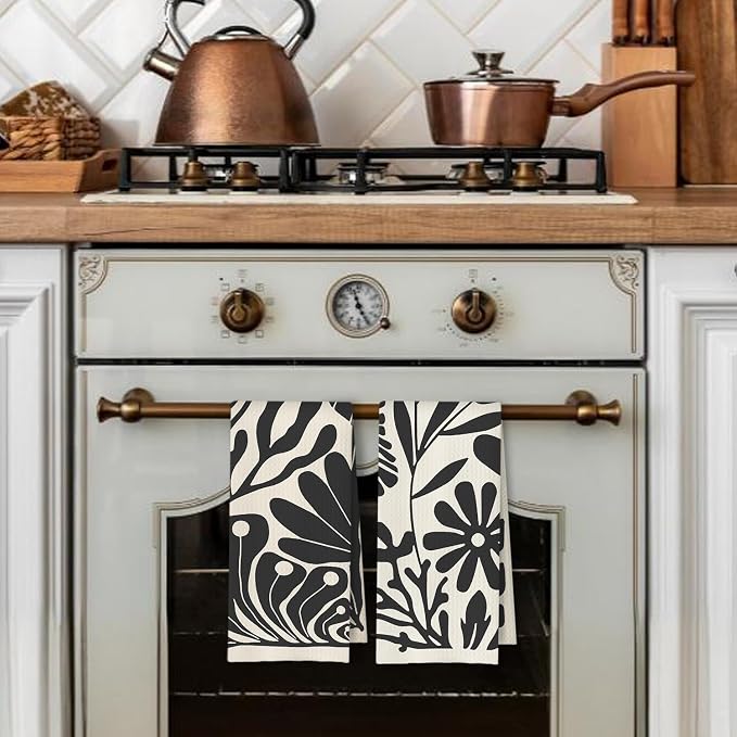 Abstract Boho Neutral Floral Kitchen Towels Set of 2, 70s Retro Groovy Beige Black and White Botanical Dish Tea Towels for Kitchen Bathroom Decor, Mid Century Modern Hand Towels, 16x24in
