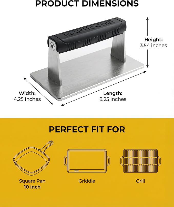 Smash Burger Press, Dishwasher Safe, 8 x 4.25 in, 2.5 lb | Rectangular bacon press with silicone handle, preheatable stainless steel for barbecue and flat top griddle fans