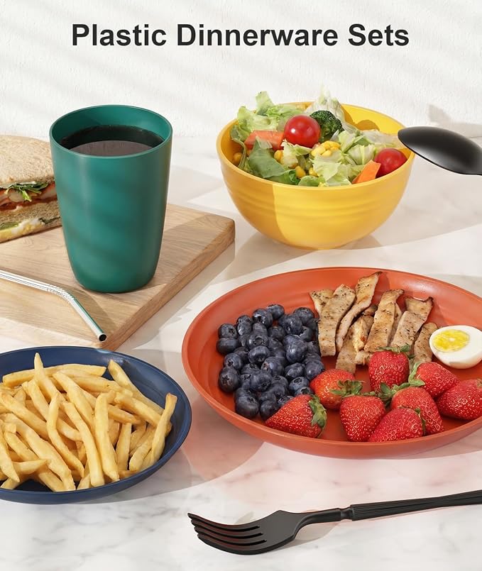 Quatish 64 Piece Plates and Bowls Sets for 8, Unbreakable Dinnerware Sets, Plastic Dish Set for Camping, Dishwasher Microwave Safe, Outdoor Kitchen and Apartment Dinning RV Essentials, MC