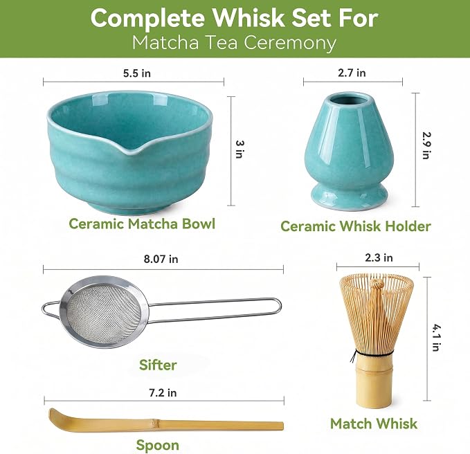 Matcha Whisk Set with Serene Blue Ceramic Bowl - All-in-One Matcha Starter Kit, Bamboo Whisk (Chasen), Whisk Holder, Matcha Powder Sifter, Scoop, Japanese Tea Ceremony Tools