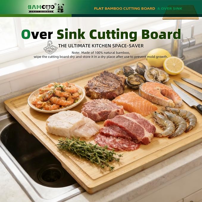 BAMOTTO CRAFTBAMBOO Extra Large Bamboo Cutting Board 24"x18" | Juice Groove | Handles | 100% Natural Bamboo Flat Board for Meat Carving, Charcuterie, Cheese Bread & Daily Kitchen Prep