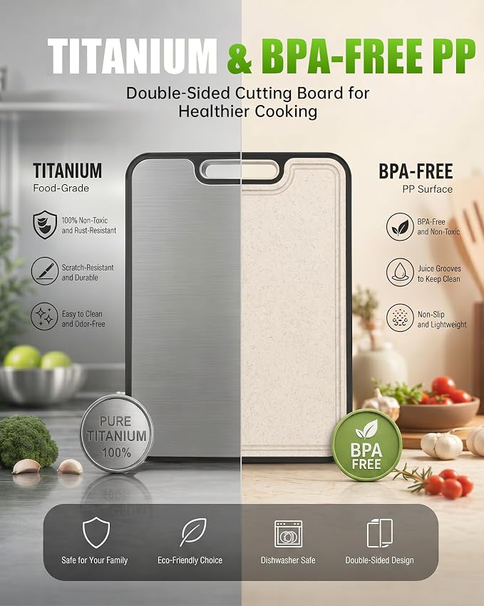 Non Toxic Titanium Cutting Board for Kitchen, Food Grade Titanium Cutting Boards 2 in 1 Double Sides, Non Slip Cutting Mat 15" x 10"