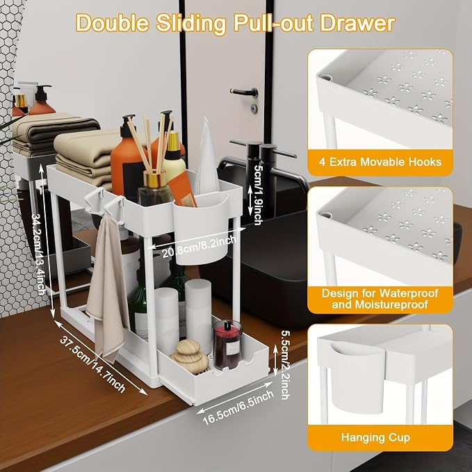 2 Pack Under Sink Organizers and Storage, 2-Tier Sliding Cabinet Organizer Drawer for Bathroom and Kitchen – Multi-Purpose Cabinet Organizer with Easy Pull-Out Design (White)