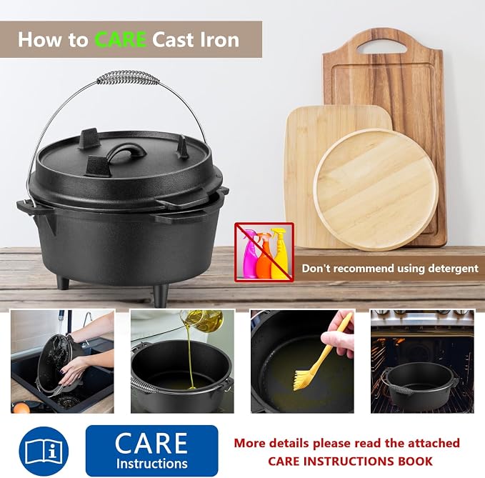 HaSteeL 7 QT Cast Iron Dutch Oven, Large 2 in 1 Camp Pre-Seasoned Deep Pot & Lid Skillet Pan, Heavy Thick 7 Quart Multiple Cookware with Feet for Outdoor Camping Baking, Bracket and Lid Lifter