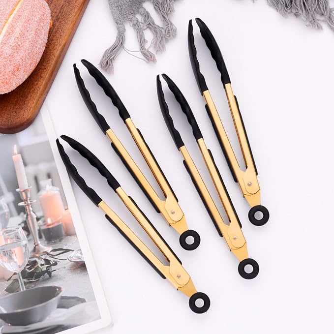 4-Piece Kitchen Food Tongs 7" Mini Silicone Serving Tongs with Firm Sealed Non Stick Rubber Tips & Silicon Coated 18/8 Stainless Steel Handle and Smooth Locking