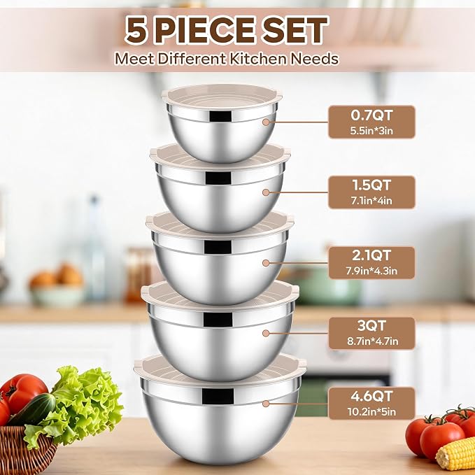 E-far Mixing Bowls with Lids Set, Stainless Steel Cooking Salad Bowl, Khaki | 10-Piece Metal Nesting Bowls with Airtight Lid for Kitchen Storage, Baking & Prepping, Dishwasher Safe, 0.7/1.5/2.1/3/4.6 QT