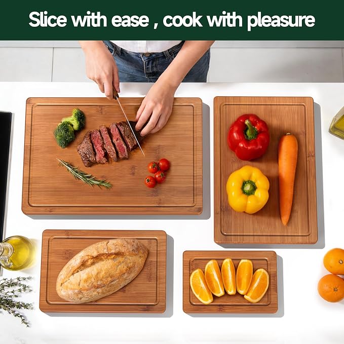 4-Piece Set Deep-Carbonized Bamboo Cutting Board for Kitchen, Carbonized | Crack-Resistant Wood Chopping Boards with Deep Juice Grooves, Pre-Oiled Butcher Block for Meat, Vegetables & Cheese
