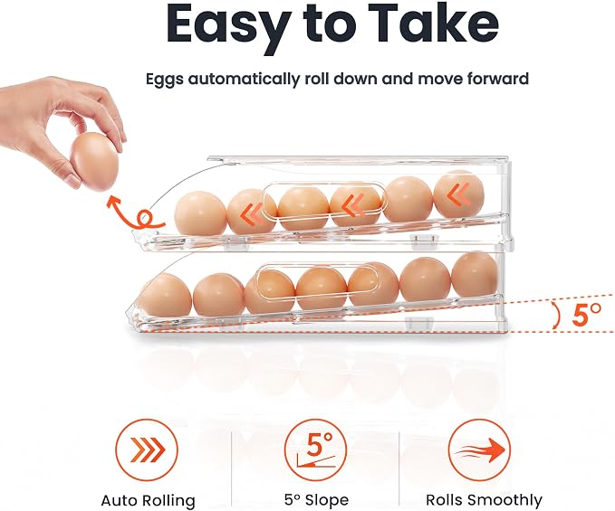 SMRCAD 36-Egg Dispenser with Silicone Bumpers, Auto-Rolling, Stackable | BPA-free food-grade PET | Stackable with lid | Built-in handle | 11.92"L x 8.85"W x 5.4"H | Hand wash only