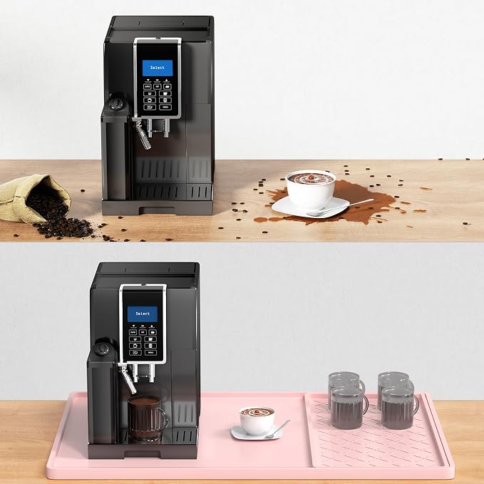 Rnivvi Silicone Coffee Mat, 16" x 24" Waterproof Raised Edge Coffee Bar Mats for Espresso Machine Station Accessories, Heat Resistant Detachable Dish Drying Pad for Kitchen Counter, Dish Rack, Pink