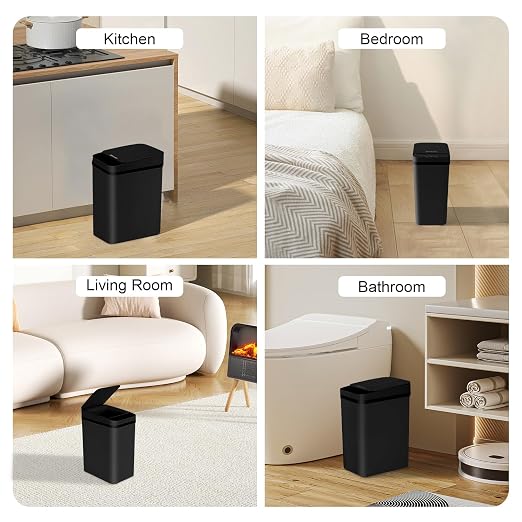 3 Pack Bathroom Trash Can with Lid, 2.5 Gallon Small Slim Trashcan, Automatic Trash Can Touchless, Motion Sensor Waterproof Plastic Trash Bin for Bedroom Kitchen Office Living Room (Black)