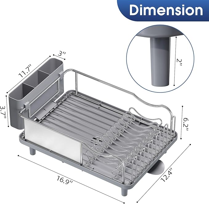 Urackify Stainless Steel Dish Drying Rack for Kitchen Counter, 16.9" x12.4" | Rustproof dish rack with utensil holder, 16.9" L x 12.4" W Large Capacity, Dish Drainer for Plates Dishes Sliverware, Grey