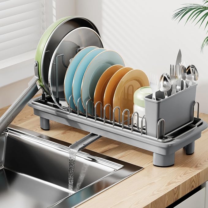 Laveshop Small Dish Drying Rack, Compact Dish Drainer for Kitchen Counter, with Adjustable Back Slots, Space-Saving for Small Kitchens, Gray