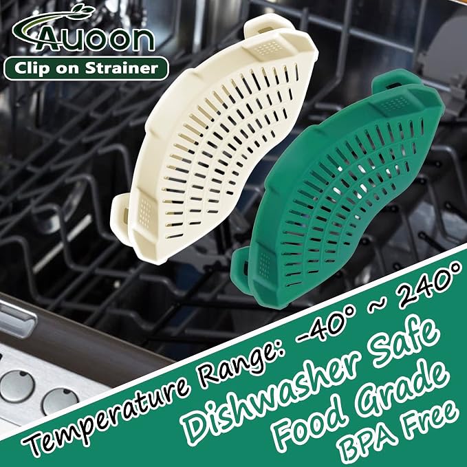 AUOON Pasta Strainer Clip on Silicone, Standard 8.86 x 3.55 in, White | BPA-free, Fits All Pots Pans Bowls, Dishwasher Safe, for Meat Noodles Vegetable Fruits, Space-saving Kitchen Gadget