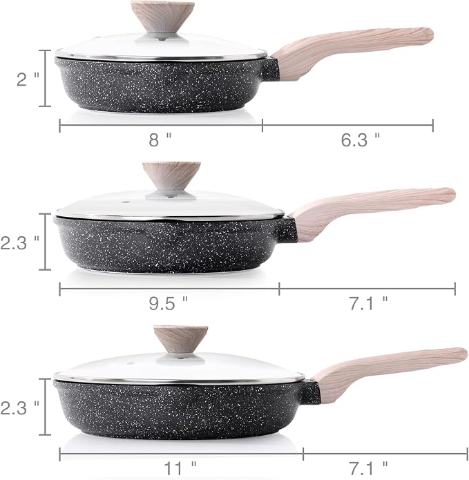 Kordisen Nonstick Frying Pan Set with Lids, 3 Piece Skillet Set, Healthy Induction Cooking Pan, Stay-Cool Handle, Compatible with All Stovetops, PFOA Free (8, 9.5, 11 Inch)