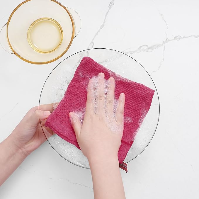 Homaxy 100% Cotton Waffle Weave Kitchen Dish Cloths 6-Pack, Hot Pink | 12 x 12 Inches, Ultra Soft Absorbent Dish Towels, Quick Drying Dish Rags with Hanging Loop