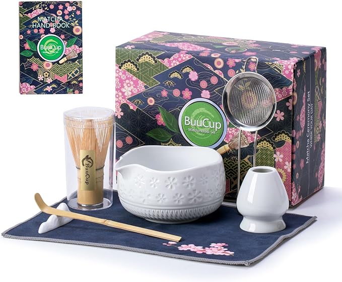 Buucup Matcha Whisk Set, Ceramic Kit with Bowl & Bamboo Accessories | 7-piece set includes ceramic bowl, bamboo whisk, scoop, holder, rest, sifter and tea towel. Great for beginners and gifts.