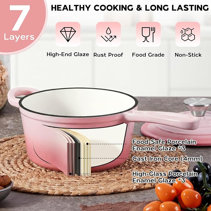 Onader Cast Iron Sauce Pan Pot, 2QT Small Saucepan with Lid, Enameled Cast Iron Dutch Oven Cooking Kitchen Pot – Pink