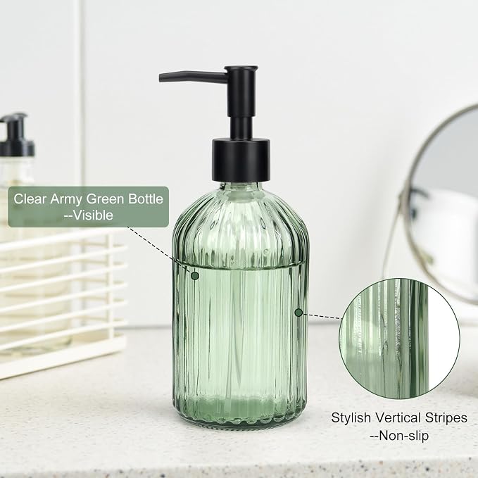 Topsky Glass Soap Dispenser with Black Plastic Pump, 400ml Army Green | Refillable Liquid Hand Soap Dispenser, Rustproof Pump for Kitchen & Bathroom, Great for Lotions, Essential Oil, Liquid Soaps