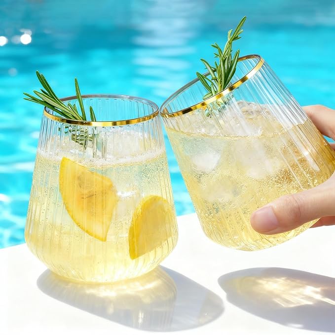 BESTSTAR 72 Pcs 12 oz Plastic Clear Gold Rim Ribbed Wine Glasses | Origami Ripple Disposable Champagne Glasses Elegant Whiskey Glasses Ideal for Weddings, Bars,Christmas, Pool Party, Daily Use
