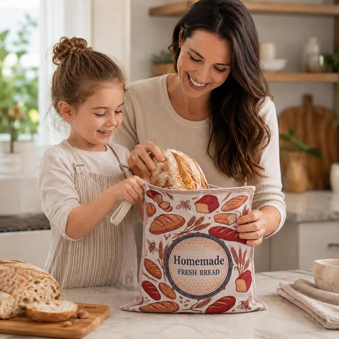 Beeswax Bread Bags for Homemade Sourdough Wide Zipper Access Reusable Bag | 17" x 13" Cotton Linen Bread Storage Bag with Handle & Date Labels, Keeps Loaves Fresh Longer, Freezer Friendly, Eco Friendly