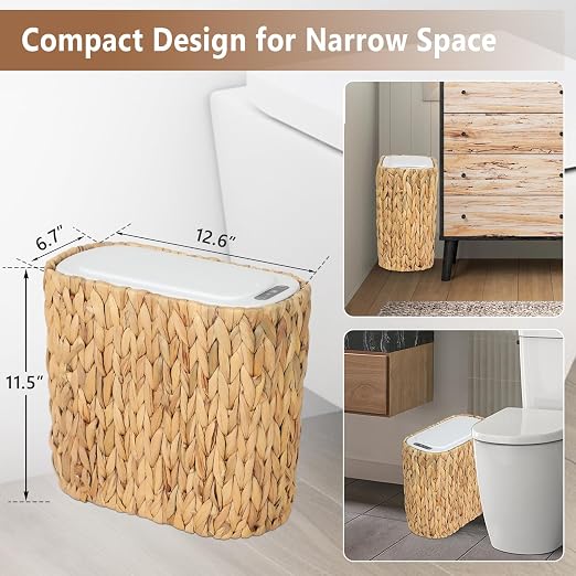 Trongee Boho Kitchen Trash Can with Lid,3.5 Gallon Automatic Small Rattan Trash Can,Slim Wicker Motion Sensor Garbage Can and Hamper 2 in 1 for Bathroom,Narrow Waste Basket for Office, Living Room