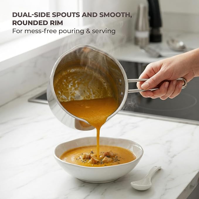 SUNHOUSE 1.5 QT Sauce Pan with Lid & Pour Spouts, Tri-Ply Base | Small 18/10 Stainless Steel Pot & Milk Pan with Cover - Induction Compatible - PFOA Free, Dishwasher Safe