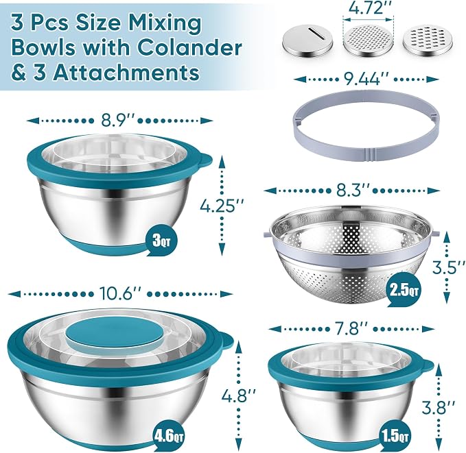 P&P CHEF Mixing Bowls with Lids, Metal Mixing Bowl with Colander, Blue | 3 PCS Stainless Steel nesting bowls for Prepping, Storing, Colander for Draining, 3 Grater Attachments & Non-Slip Bottoms