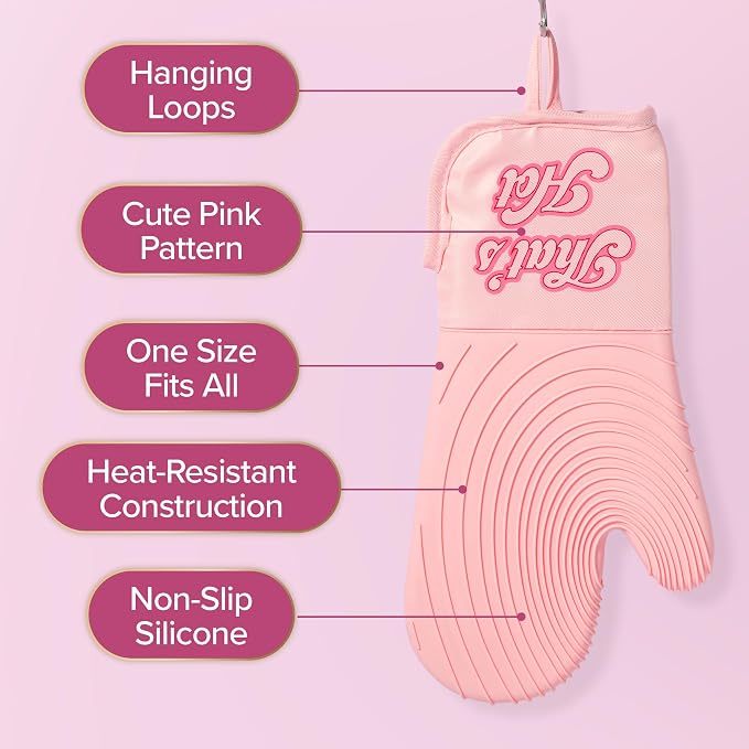 Paris Hilton Oven Mitt Set with Iconic That's HOT Design, Heat Resistant Pot Holders Featuring Non-Slip Textured Silicone Grips, 2-Piece Set, Pink