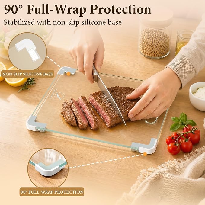 12x8 Clear Tempered Glass Small Cutting Board for Kitchen Countertop | Non-Slip Corner Guards, Shatter-Resistant, Heat Resistant Non-Toxic Board