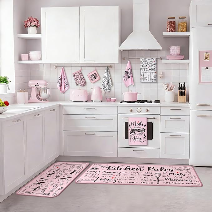 Fourluoo 10 Pcs Pink Kitchen Decor Oven Mitts and Pot Holders Sets Pink Dish Towels Vintage Kitchen Rugs and Mats for Home Wedding Farmhouse Decorations Baking Cooking Birthday Gifts Accessories