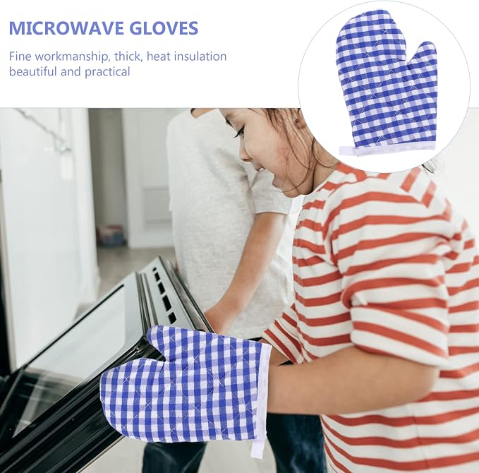 2Pcs Oven Mitts for Play Kitchen, Anti- Scald Gloves Microwave Oven Gloves Kitchen Mitts for Safe Baking Cooking (Dark Blue Checkered)