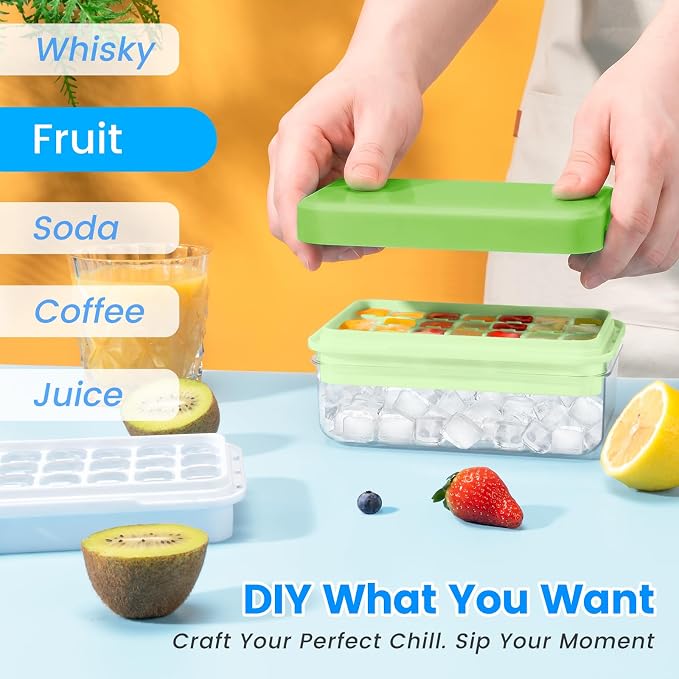 Ice Cube Tray with Lid and Bin, Easy Release 84 Cubes for Freezer | Food-grade BPA-free PP and ABS. Ice cubes for fruit, cocktails, iced coffee. Space-saving stackable with scoop