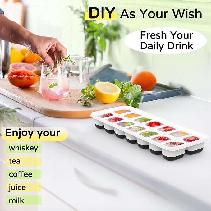 Ice Cube Tray 5 Pack, Stackable Silicone Ice Cube Trays with Lid, Easy Release Reusable Ice Tray, BPA-Free Rectangular Ice Cube Mold Set for Cocktails, Coffee, Whiskey & Drinks, Black