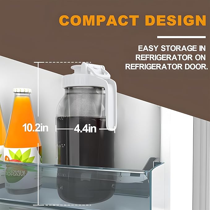 Cold Brew Coffee Maker, 64 oz Glass Mason Jar Pitcher | 100μm stainless steel filter, wide mouth design, leak-proof lid with handle, pour spout for iced coffee, tea and cold drinks